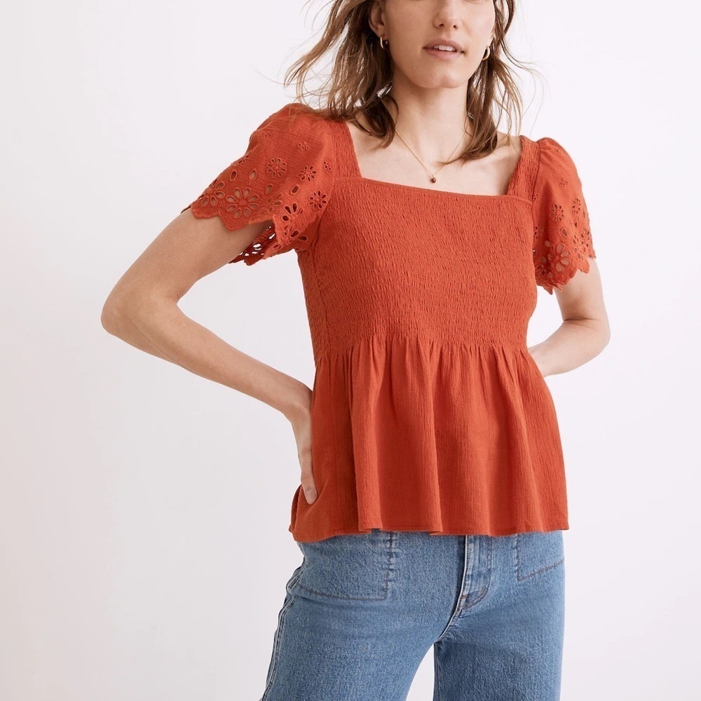 NWT Madewell Eyelet-Sleeve Lucie Smocked Peplum Top Fresh Chili